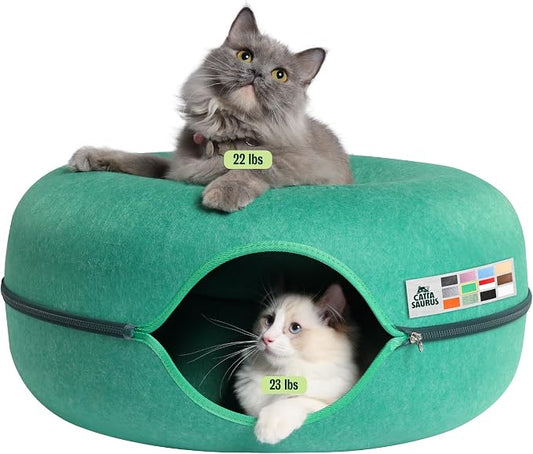 Cattasaurus Peekaboo Cat Cave Donut for Multiple & Large Cats up to 30-45 lbs, 3-in-1 Self Warming Cat Bed, Tunnel & Scratcher for Indoor Cats, Washable & Detachable Dog Bed (Forest Green, Large) by Cattasaurus