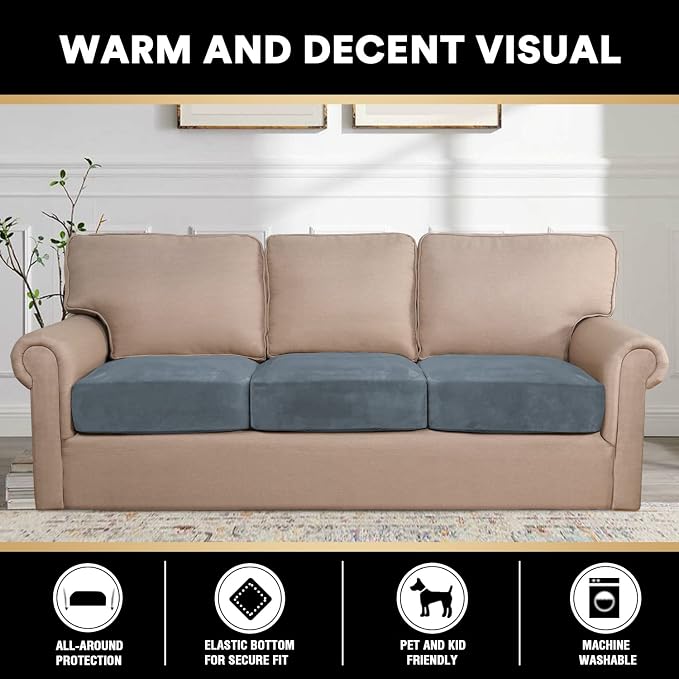 PrinceDeco Velvet Stretch Couch Cushion Covers, Sofa Slip Covers for 3 Seat Cushion Couch Chair Loveseat Sofa Cushion Furniture Protector Sofa Cover (Each Width Up to 29.5", Stone Blue) - Image 3