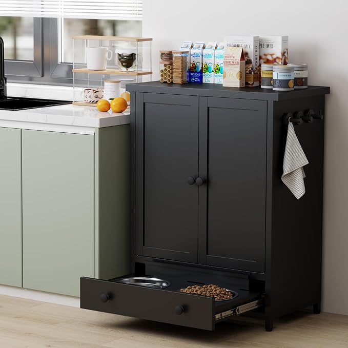 Dog Feeding Station with Storage, Metal Dog Food Storage Cabinet with 2 Elevated Bowls and 3 Hooks, Pet Feeding Station and Food Storage Organizer, Black - Image 7