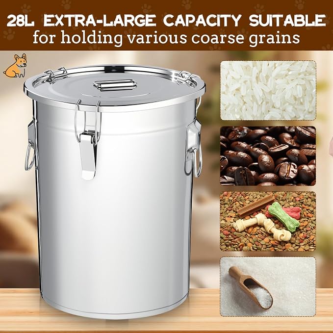 Lounsweer 2 Pack Stainless Steel Dog Food Storage Container with Lid and Locking Clamp Metal Airtight Container Large Stainless Steel Bucket with Food Scoop for Pet Feed(17 L) - Image 5