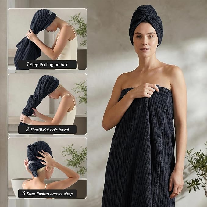 REDKISS Black Bath Towels Set 8 Piece - Microfiber Bathroom Towels of 8 Large, Highly Absorbent Bath Towel, Soft Shower Towel for Bathroom, Hotel 2 Bath Sheet 2 Hand 2 Washcloths 2 Hair Towel Wrap - Image 3
