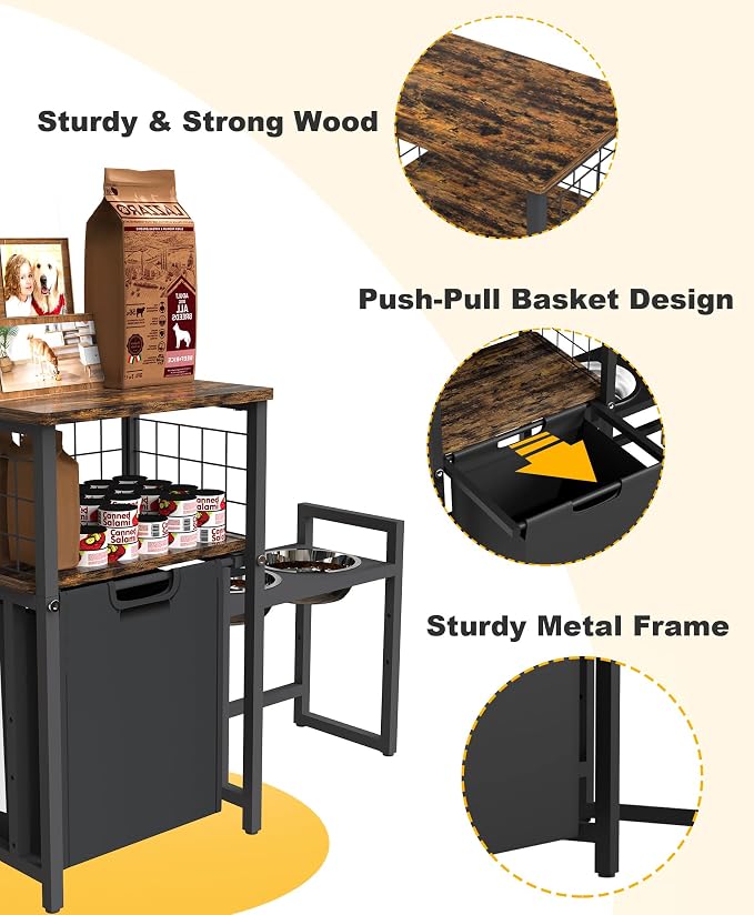 30.6Long x 26.2 High Elevated Dog Bowl Stand with Pet Food Storage Organizer, Adjustable Raised Feeding Station with Toy Basket for Large Medium Small Dogs and Cats, Black - Image 6