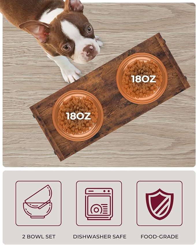Vantic Elevated Dog Bowls, Raised Bowl Stand Adjustable Small, Rustic Brown | Particle Board Raised Feeder with 2 Stainless Steel Bowls, Adjustable Height for Small Puppies and Cats - Image 4