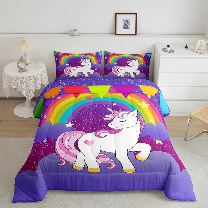 Girls Kawaii Cute Unicorn Print Bedding Set - Cartoon Horse Bedding, Children Galaxy Stars Magical Unicorn Animal Down Comforter +2 Pillowcases, Reversible Lightweight Purple - Image 2