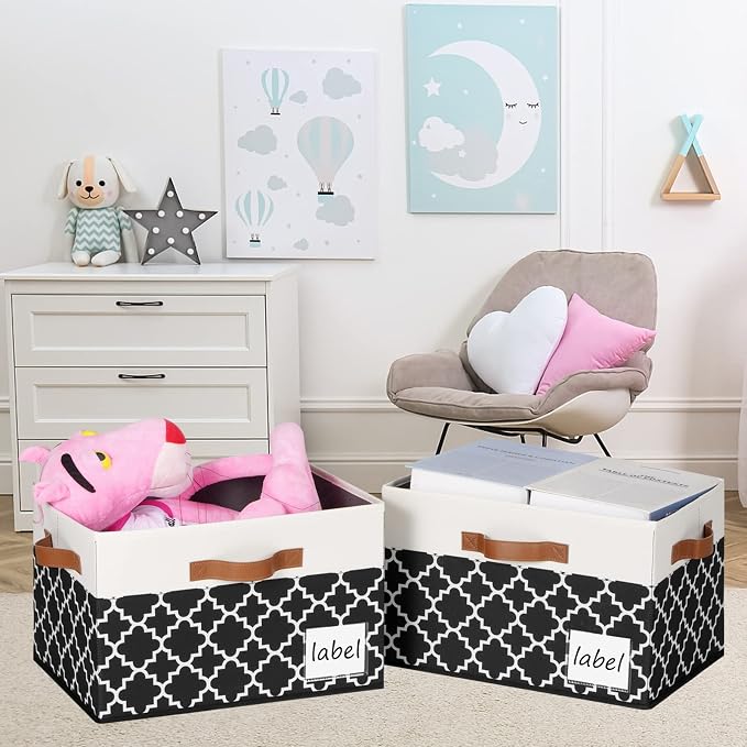 Large Storage Bins with Lids, Foldable Fabric Storage Baskets with Lids 6-Pack, Sturdy Storage Boxes with Labels and 3 PU Handles for Closet Home Bedroom Office (26L, Black Plaid&White) - Image 3