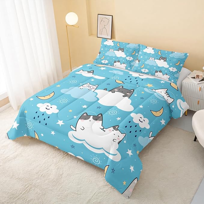 QOOMO Cat Comforter Twin Size, Blue Cloud Cats Comforter Set for Kids Teens Girls Boys, 3Pcs Bedding Set Printed Comforter with 2 Pillowcases, Down Alternative, Soft and Lightweight - Image 3