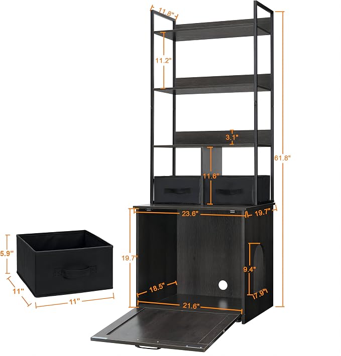 Dwanton Litter Box Enclosure with 3 Storage Shelves and 2 Drawers, 2-in-1 Hidden Cat Litter Box Enclosure Furniture with Shelf, Reversible Entrance, Washable Drawers, 61.8-Inch, Dark Grey - Image 5