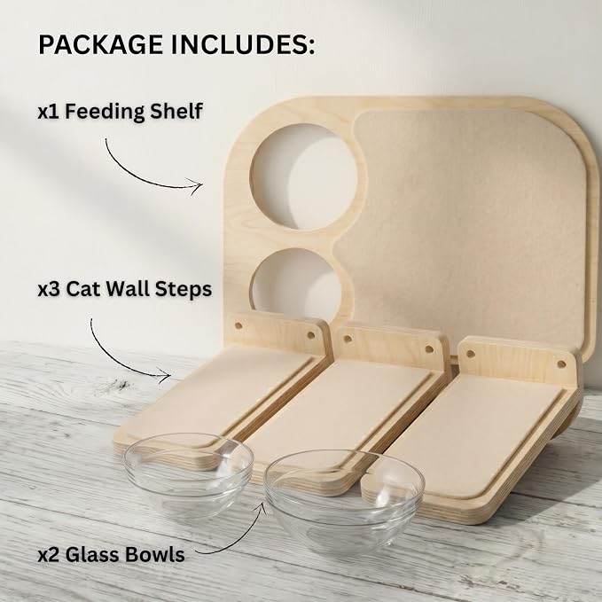 INICIO Cat Shelves - Feeding Shelf with 3 Cat Wall Steps - Natural Wood | Cat Wall Shelves with Wall Mounted Cat Food Bowls - Dog Proof Feeding Station and Convenient Feeder for Cats up to 15lbs - Image 2