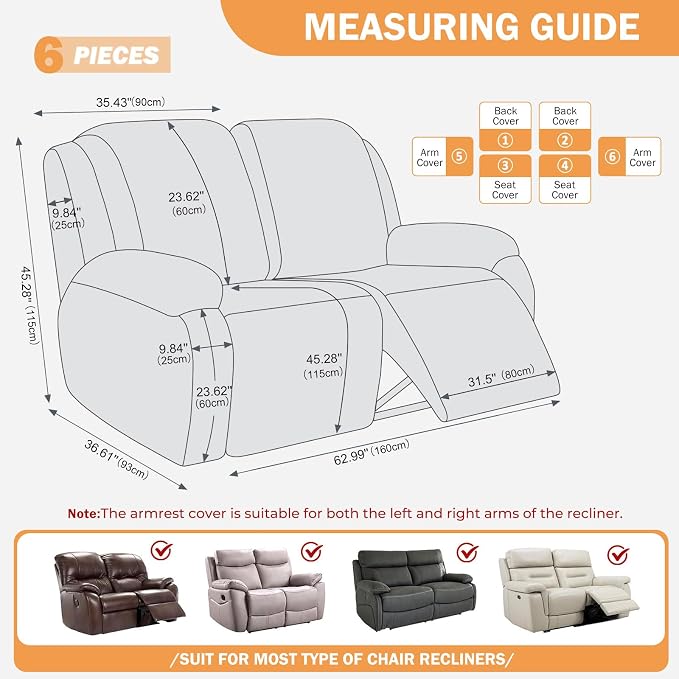 vctops Diamond Recliner Loveseat Slipcover 6-Pieces Stretch Dual Recliner Sofa Covers for 2 Seat Dual Reclining Loveseat Couch Soft Solid Furniture Protector (White,2 Seat) - Image 2