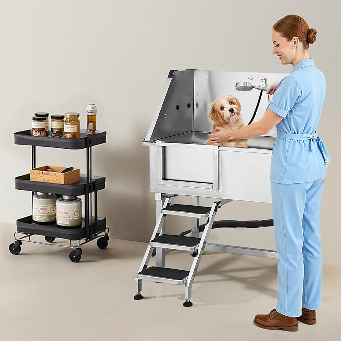 VEVOR 38 Inch Stainless Steel Dog Washing Station, Pet Grooming Tub with Hot & Cold Faucet, Showerhead, Home Wash Sink, Fits Small and Medium Cats and Dogs, Non-Slip Stairs (Left Door) - Image 8
