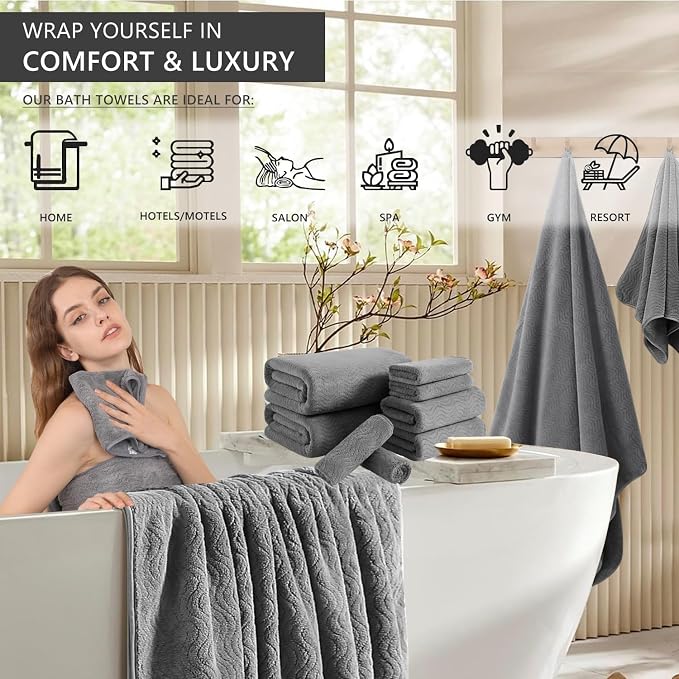 8 Piece Bath Towel Set Grey |2 Oversized Large Bath Sheet,2 Hand Towels,4 Washcloths| Ultra Soft Cozy Bath Towel Set for Bathroom Hotel Gym Spa,Highly Absorbent & Quick Dry Bathroom Towel Collections - Image 3