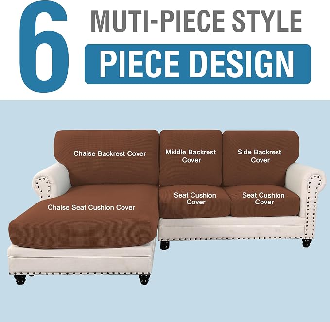 H.VERSAILTEX Sectional Couch Covers 6 Pieces Stretch Sofa Covers for Sectional Sofa Set Separate L Shaped Couch Cover for Both Left/Right Couch (Seat and Back: 1 Chaise + 2 Sofa, Caramel) - Image 2