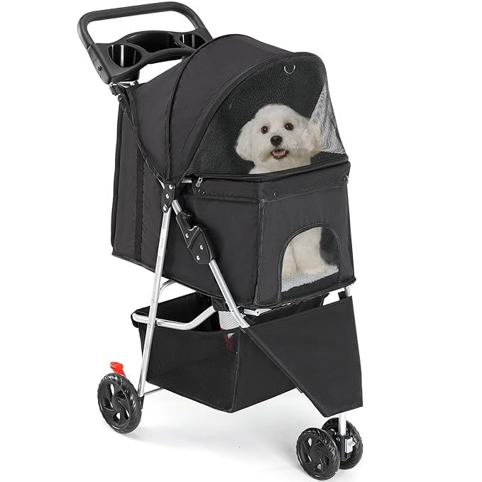 Sweetcrispy Pet Stroller for Dogs and Cats | Foldable, Lightweight, and Durable | Ideal for Small to Medium Pets | Includes Storage Basket and Cup Holders