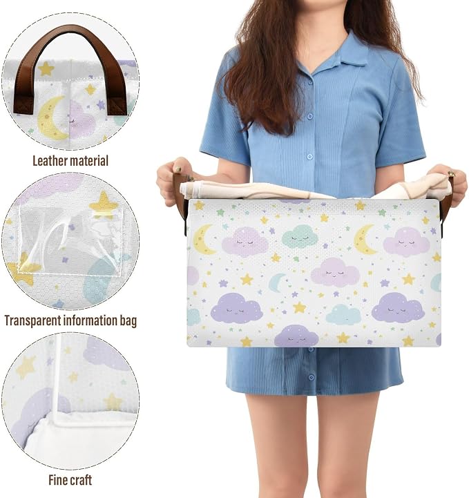 Cute Clouds Moon and Stars Purple Baby Storage Basket with Labels&Handles Rectangular Waterproof Nursery Storage Bins Collapsible Shelf Organizer Baskets for Kids Books Cloth Gift Toys Laundry - Image 4