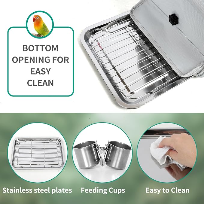 Bird Carrier Bag, Bird Travel Cage with Standing Perch and Indestructible Stainless Steel Mesh, Protable Transparent Breathable Carrier with Feeder Cups for Small Birds Parrot Parakeet, Grey - Image 4