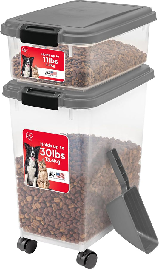 IRIS USA 30 lbs & 11 lbs Combo Airtight Dog Food Storage Container, Stackable Treat Box, 2-Cup Scoop, Wheels, Keep Fresh, Easy Mobility, Dark Gray by IRISUSA