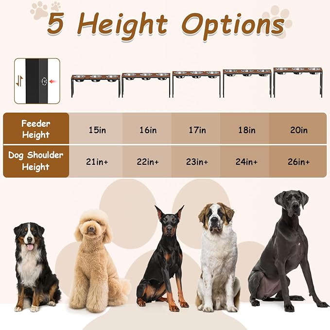 Elevated Dog Bowls Large Breed, Adjustable, 3 Bowl 12.5cup/101oz | 15"/16"/17"/18"/20" Height Fits Giant Dogs Like Great Dane, Stainless Steel Bowls , Iron Holder, Wooden Platform, Grained Oak - Image 4