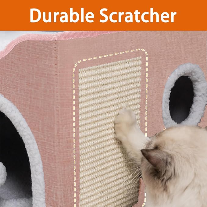 Loyareal Cat Houses for Indoor Cats - Large Cat Bed Cave with Scratch Pad and Fluffy Ball, Foldable Cat Condo Hideaway with Reversible Cushion for Multi Small Pet, Pink - Image 3