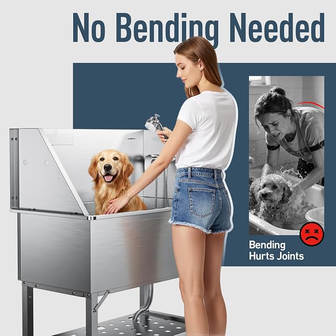 38" Stainless Steel Dog Washing Station - 304 Seamless Soaking Tub for Small & Medium Dogs, Non-Slip & Leak-Proof Pet Grooming Sink with Bottom Storage Shelf & Hair Catcher for Home & Spa - Image 2