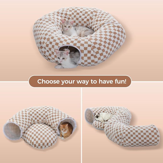 PEQULTI Cat Tunnel with Cat Bed for Indoor Cats, Cat Play Donut Tunnel with Washable Soft Plush Mat, Round Tunnel Toys Cute Tube for Kittens, Puppies, Rabbits and Ferrets, Brown - Image 3