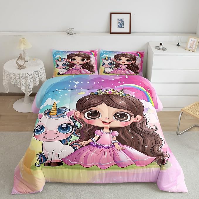Manfei Princess Unicorn Comforter Set,Dreamy Animal Fairy Tale Cartoon Bedding Set for Adults Living Room,Starry Rainbow Glitter Fantasy Quilt Set,Pink Blue Duvet Insert 3 Pcs with 2 Pillowcases,King by Manfei
