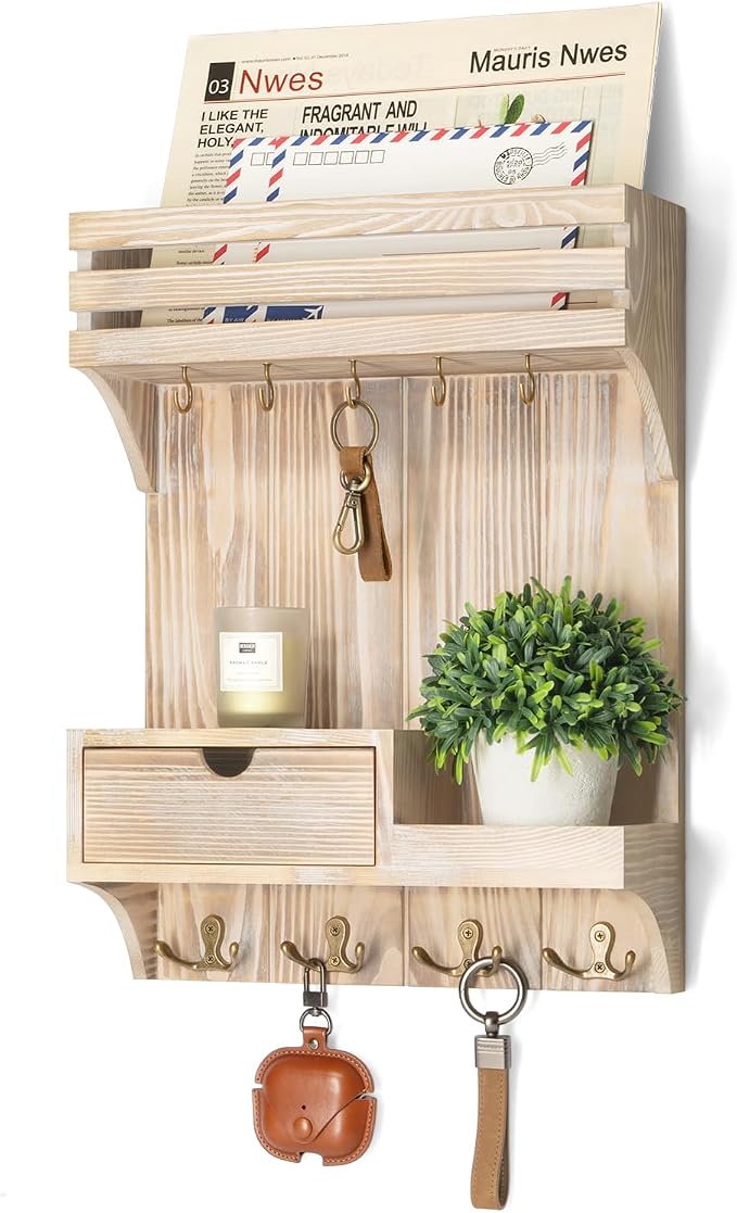 Rebee Vision Key Holder Wall Mount with Drawer for Entryway, Natural Wood | Key Holder for Wall, 9 Key Hooks, Wall Shelf, Drawer Organizer, Mail Sorter, Key Hanger Home Decor, Decorative Home Storage by REBEEVISION