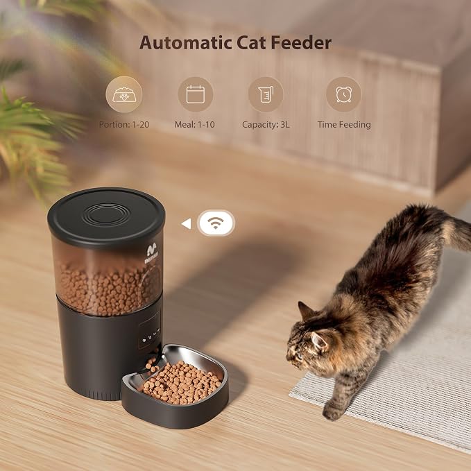 IMIPAW Automatic Cat Feeder, 5G WiFi Food Dispenser with APP Remote Control, Pet Dry Food Smart Feeder, Programmable Timed Feeding, Dual Power Supply, 1-10 Meals, Desiccant Bag, Stainless Steel Bowl - Image 5