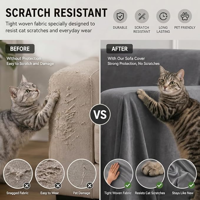 Loiion Cat Scratch Couch Cover Waterproof Sofa Cover 118"x71" | Pet-Friendly Couch Protector, Anti-Scratch & Non Slip Sofa Cover For Cats Dogs Kids, Machine Washable - Image 3