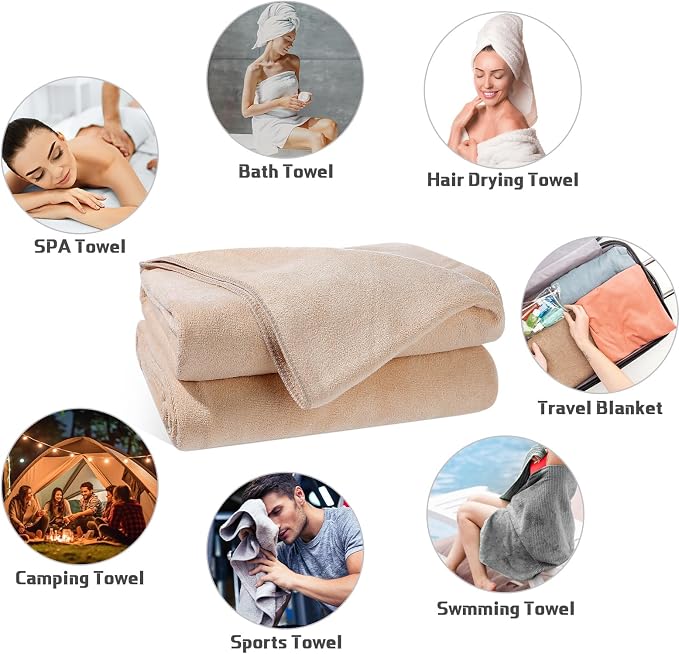 Mixweer 4 Pcs Oversized Bath Towels, 40 x 80 Inch Giant Microfiber Jumbo Bath Sheets Soft Bathroom Microfiber Quick Dry Absorbent Shower Towels for Spa Camping Beach(Light Khaki) - Image 8