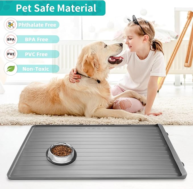 Dog Mat for Food and Water - 39.4" x 27" Large Pet Feeding Mats with Residue Collection Pocket - Waterproof Dog Cat Bowl Mat with High Edges to Prevent Water and Food Spills (Light Grey) | Waterproof Pet Bowl Mat with Residue Collection Pocket and High... - Image 6