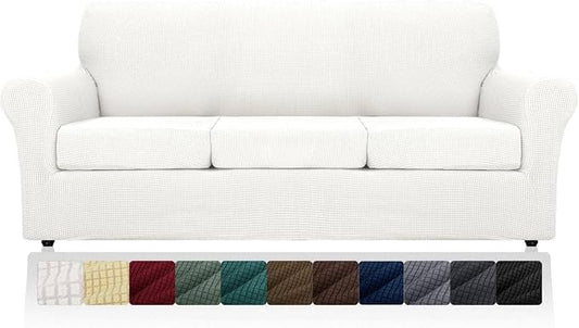 MAXIJIN 4 Piece Couch Covers for 3 Cushion Couch Super Stretch Sofa Cover for Dogs Pet Proof Fitted Furniture Protector Spandex Jacquard Non Slip Magic Couch Slipcover Washable (Large, White) by MAXIJIN