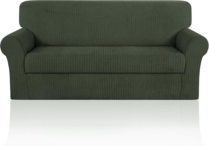 Sofa Cover Stretching Skid Resistance Couch Cover for Pets Washable, Thick and Durable Soft High Spandex Striped Pattern Sofa Covers, Form Fitted Sofa Slipcover(Sofa, Green) by ChengEase
