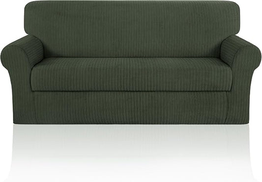 Sofa Cover Stretching Skid Resistance Couch Cover for Pets Washable, Thick and Durable Soft High Spandex Striped Pattern Sofa Covers, Form Fitted Sofa Slipcover(Sofa, Green) by ChengEase