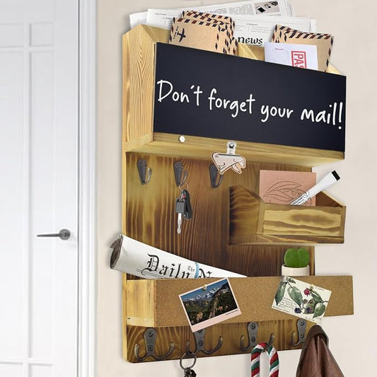 Mail Organizer Wall Mount，Key Holder Mail and Key Organizer for Wall with Shelf, Chalkboard, Corkboard, Home Decor for Room Office Entryway(Light Wood) by HEKOOLA