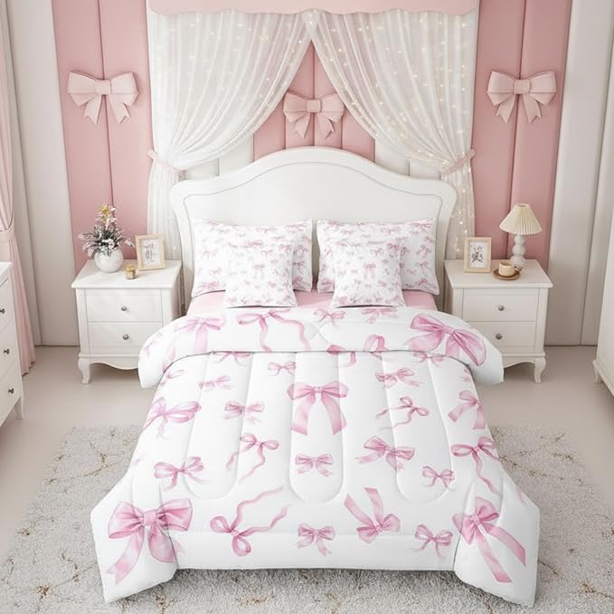 Erosebridal 7 Piece Cute Bowknot Kids Bedding Set Twin Bed in A Bag Pink Bow Comforter Set for Girls Watercolor Bows Ribbon Quilt Coquette Bow Decor Dreamy Princess Style Sheets Pink White Bed Set by Erosebridal