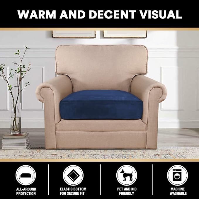 PrinceDeco Stretch Velvet Couch Cushion Cover,Soft Fitted Cushion Slipcover for Arm Chair Sofa Cushion Furniture Protector Seat Cushion Sofa Cover Width Up to 29.5", Navy - Image 3