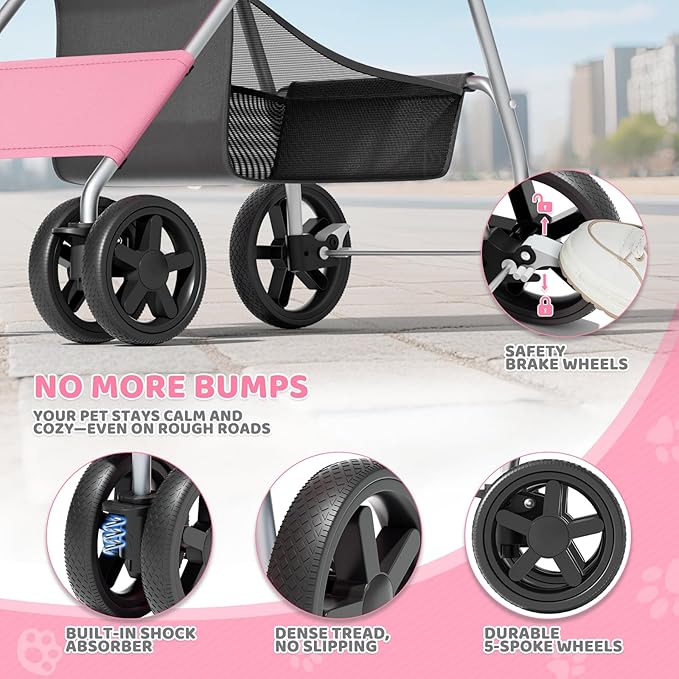 Magshion Foldable Pet Stroller, 3-in-1 Dog Travel Jogger with Detachable Carrier, Cup Holder, Storage Basket, Folding Carrier for Small/Medium Dogs & Cats Up to 33 lbs, Pink