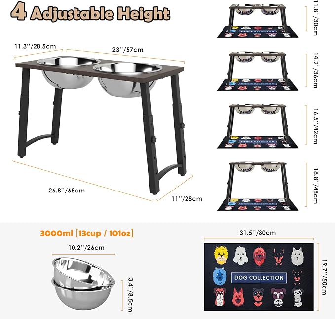 Elevated Dog Bowls for Large and X-Large Dogs, with Spill Proof Mat, 4 Heights Adjustable Wood Raised Dog Bowl Stand with Two Stainless Steel Food and Water Bowls, Non-Slip - Image 4
