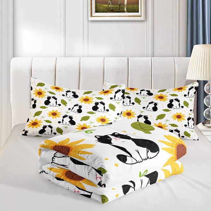 QOOMO Kawaii Cat Comforter Full Size,Sunflower Cat Comforter Set for Kids Teens Girls Boys,3Pcs Bedding Set Printed Comforter with 2 Pillowcases,Down Alternative,Soft and Lightweight，Full Size - Image 4