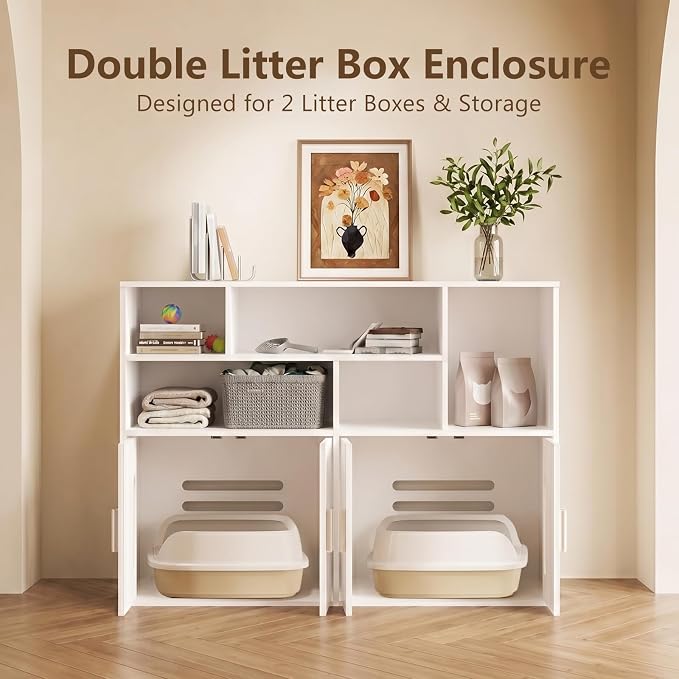 Amunrbrek Double Litter Box Enclosure, Hidden Cabinet with Storage, White | Pass-Through Design Makes Cats Feel Safe - Image 3