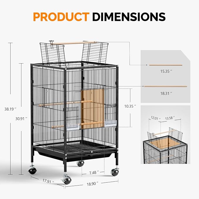 VINGLI 38-inch Bird Cage with Wheels, Durable Wrought Iron Parakeet Cage with Slide Out Tray, Black Bird Cages for Parakeets/Lovebird/Cockatiels/Budgies and Other Small/Medium Birds (Medium-38 inch) - Image 6