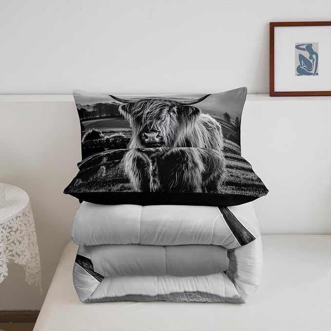 Highland Cow Bedding Set King Size Grey Bull Cattle Comforter Set Funny Farmhouse Wildlife Animal Duvet Set for Kids Boys Girls Teens Western Cowboy Style Down Comforter Adult Bedroom Decor - Image 6