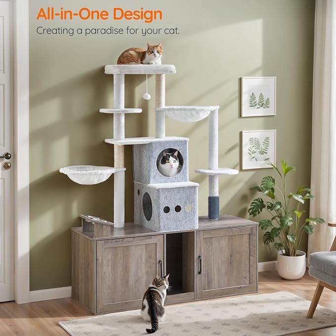 HOOBRO Cat Tree with 47.2" Dual Litter Box Enclosure, 63.4" Tall Multi-Functional Tower for Cats, Hidden Litter Box Enclosure Furniture, with Feeding Bowls, Scratching Posts, Hammocks, Greige BG23MZ03 - Image 4