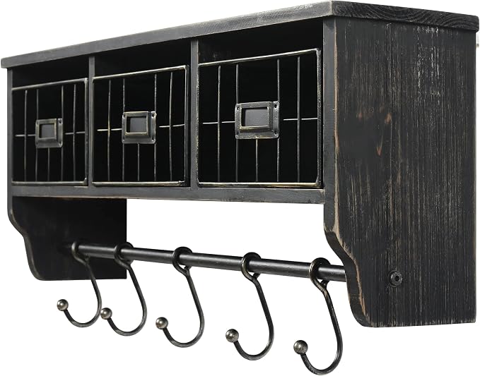 HBCY Creations Wall Mounted Shelf with Coat Hooks and Baskets, Solid Wood Entryway Organizer Wall Shelf with Hooks - Hang Coats, Keys or Coffee Mugs, Rustic Blackwash 24" Wide - Image 2