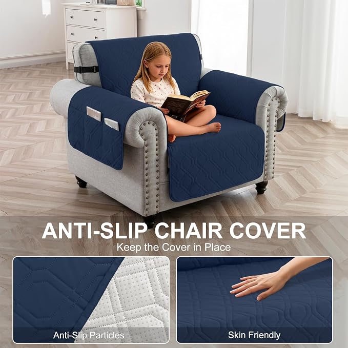 100% Waterproof Quilted Couch Cover,Straps&Pockets,23" Navyblue | Washable sofa cover, pet-friendly, scratch-resistant furniture protector, quilted sofa cover, reversible, non-slip backing. - Image 4