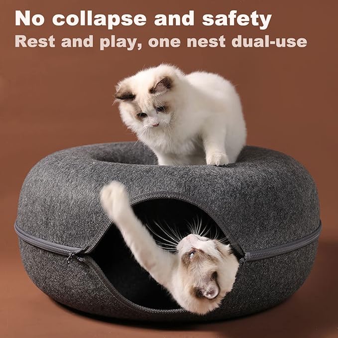Cat Tunnel Bed for Indoor Cats with 3 Toys, Scratch Resistant Donut Cat Bed, Up to 9 Lbs (M 20x20x9, Light Grey) - Image 5