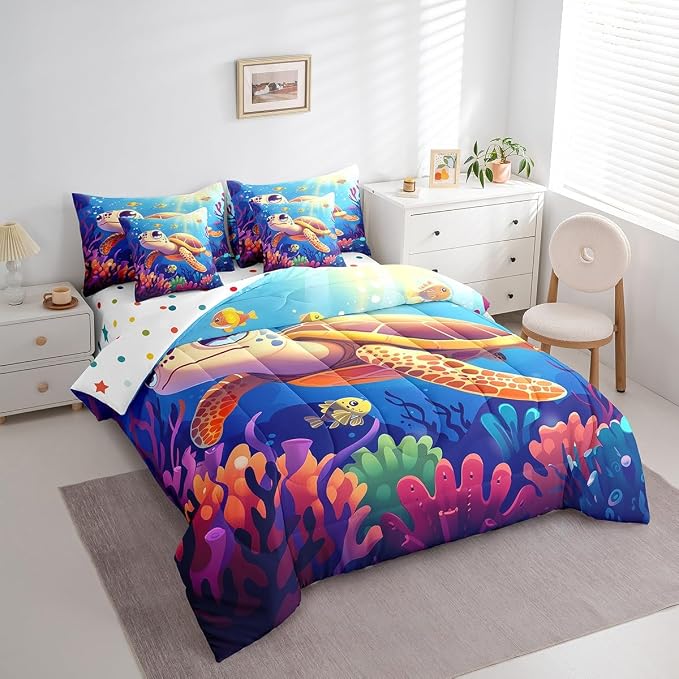 Erosebridal Turtle King Size Comforter Set with Sheets, Marine Life Bed in A Bag for Kids Teens Youth Adults Bedroom, Underwater World Sea Animal 7 Pcs Bedding Set, Colourful Coral Bed Sets - Image 2