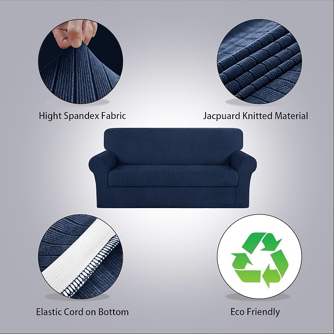 Sofa Cover Stretching Skid Resistance Couch Cover for Pets Washable, Thick and Durable Soft High Spandex Striped Pattern Sofa Covers, Form Fitted Sofa Slipcover(Sofa, Navy) - Image 2