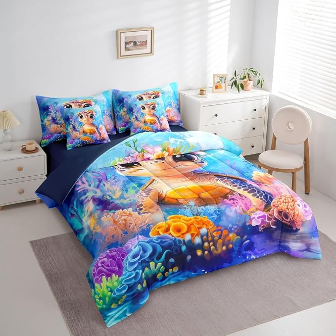 Erosebridal Lovely Turtle King Size 7-Piece Bedding Set for Home, Reptile Tortoise Bed in A Bag, Underwater World Sea Animal Comforter Set with Sheets, Colourful Coral Bedding Comforter Sets - Image 2