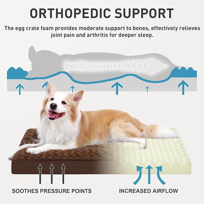 KSIIA Washable Dog Bed for Crate Waterproof for Medium Dogs,35x22 in,Brown | 3in egg crate foam,orthopedic support,Soft rose velvet,3ply waterproof fabric,removable cover,anti-slip base,washable - Image 3